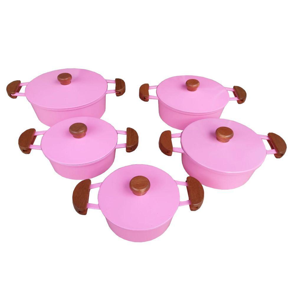 Jogo 5 Panelas Alumínio Batido Fundido Rosa Com Tampa Pesada - 5