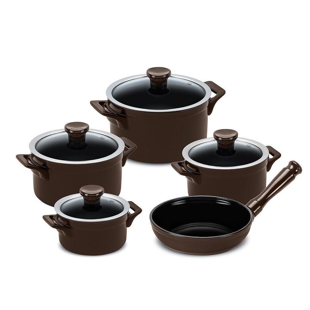 Jogo De Panelas Em Cerâmica Indução Clear Com 5 Peças Ceraflame Chocolate - 1