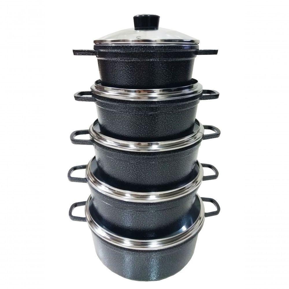 Jogo 5 Panelas Alumínio Batido Fundido Preto Craqueado Cava - 1