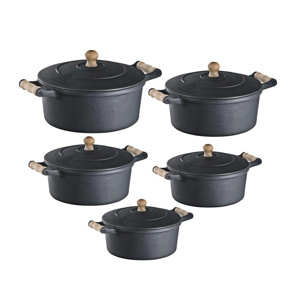 Jogo 5 Unidades Caçarolas Ferro E Alça Madeira Libaneza. - 1