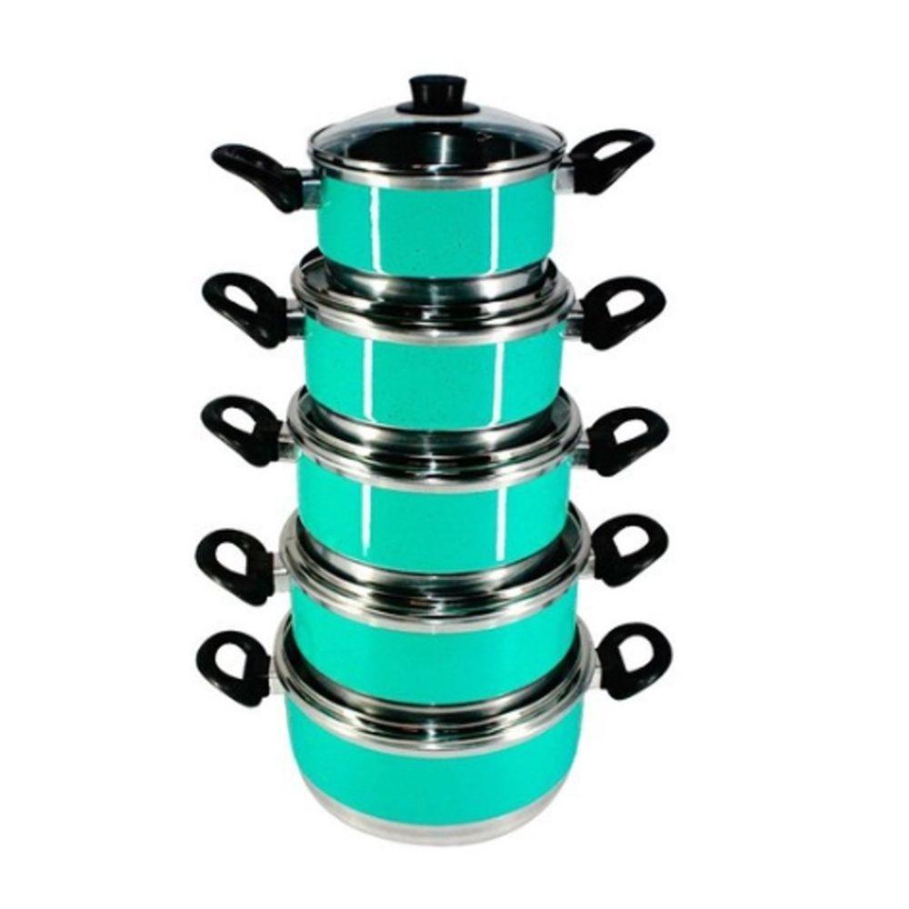 Jogo Panelas Alumínio Verde Água Tampa de Vidro 5 Peças - 1