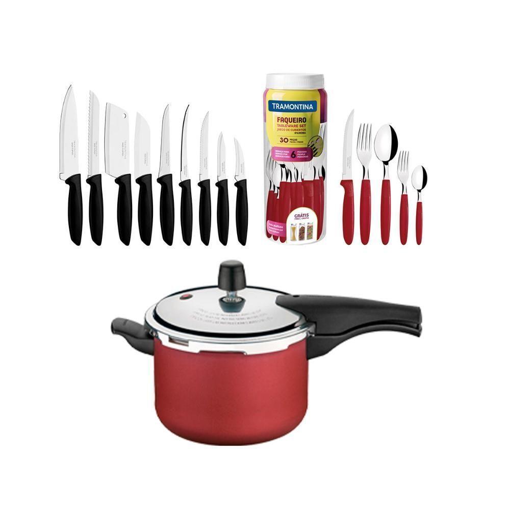 Kit - Panela De Pressão 4,5 Vermelha + 1 Faqueiro Vermelho 30pç + 1 Conjunto Facas 9pç - Tramontina - 1