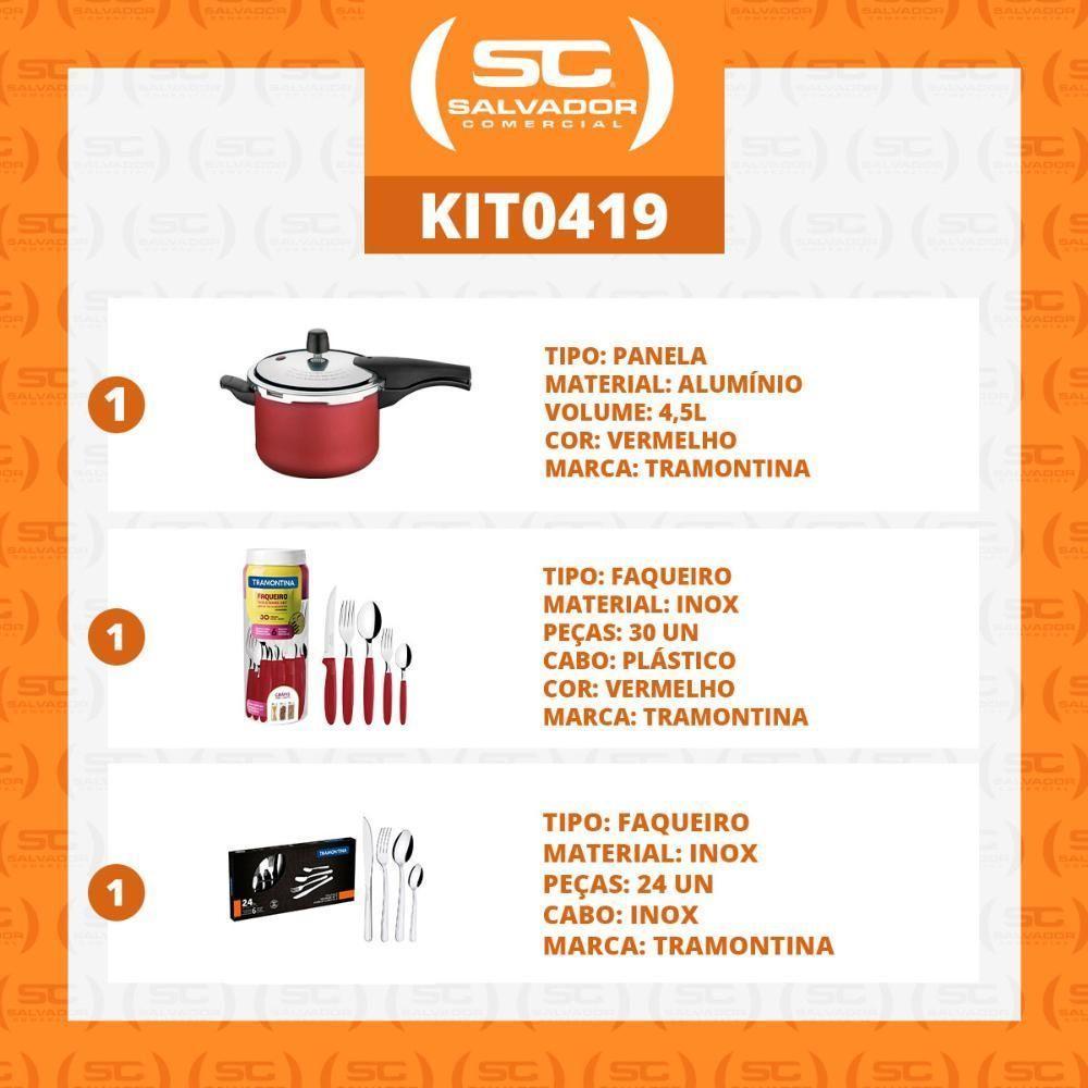 Kit - Panela De Pressão 4,5 Vermelha + 1 Faqueiro Vermelho 30pç + 1 Faqueiro Inox 24pç - Tramontina - 2