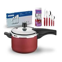 Kit - Panela De Pressão 4,5 Vermelha + 1 Faqueiro Vermelho 30pç + 1 Faqueiro Inox 24pç - Tramontina - 1