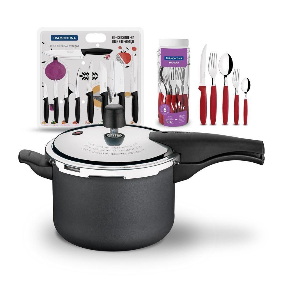 Kit - Panela De Pressão 4,5 Grafite + 1 Faqueiro Vermelho 30pç + 1 Conjunto Facas 9pç - Tramontina - 1