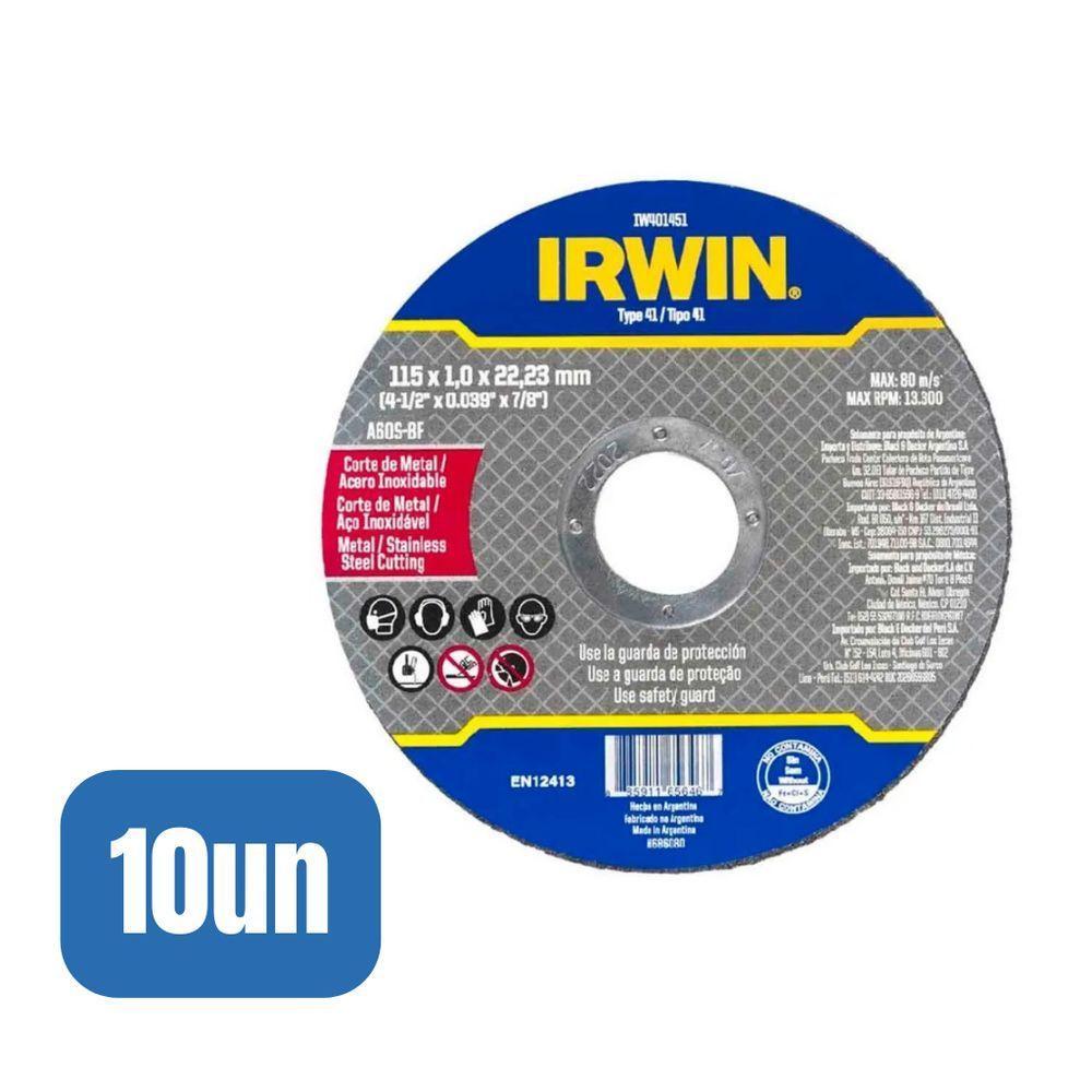 10 Discos Corte Fino Metal/inox 4.1/2x1,0mmx7/8" - Irwin - 1