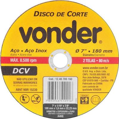 Disco De Corte 180,0X1,6X22,23 P/ Aço Carbono E Inox Vonder