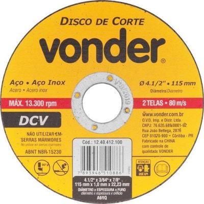Disco De Corte 115,0X1,0X22,23 P/ Aço Carbono E Inox Vonder