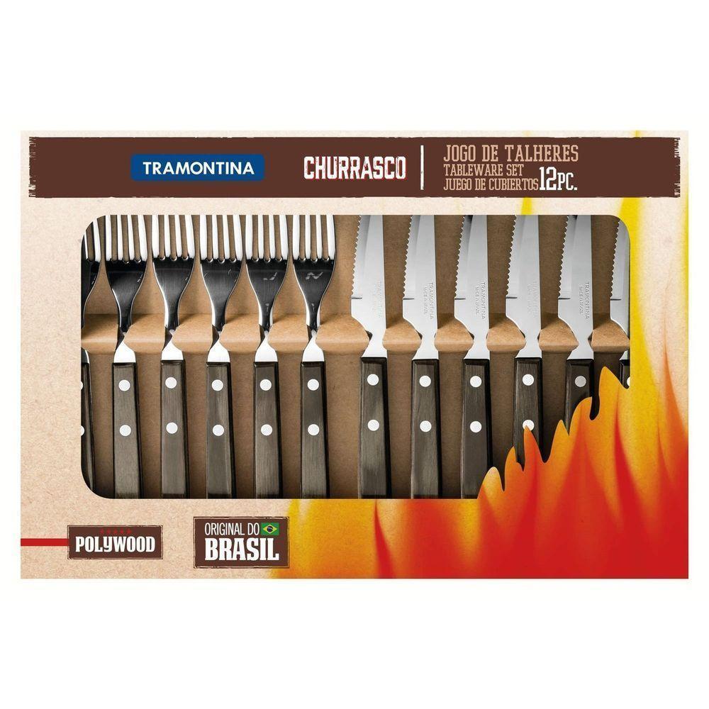 Jogo De Talheres Para Churrasco Em Aço Inox Com Cabo Castanho Polywood 12 Peças - 3