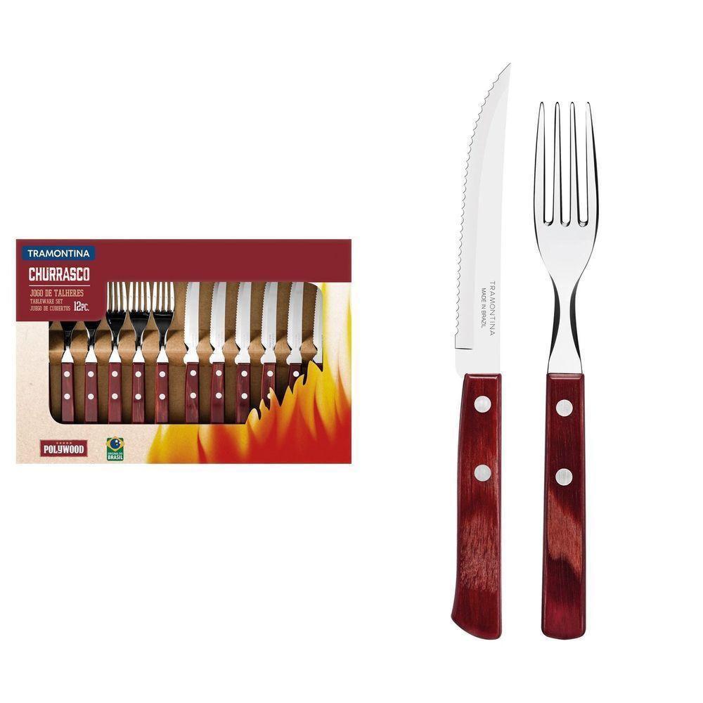 Jogo De Talheres Para Churrasco Em Aço Inox E Cabo Vermelho Polywood 12 Peças - Faca 5" - 1