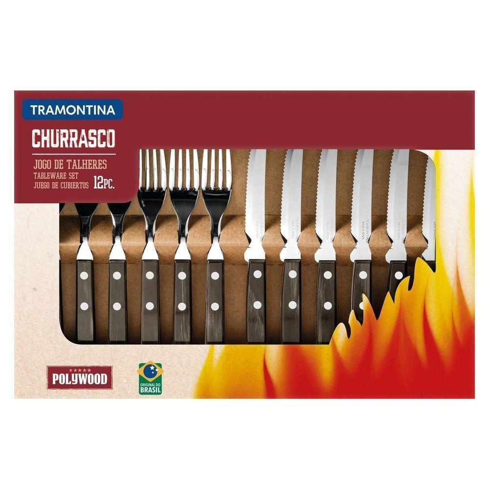 Jogo De Talheres Para Churrasco Em Aço Inox Com Cabo Castanho Polywood 12 Peças - 4