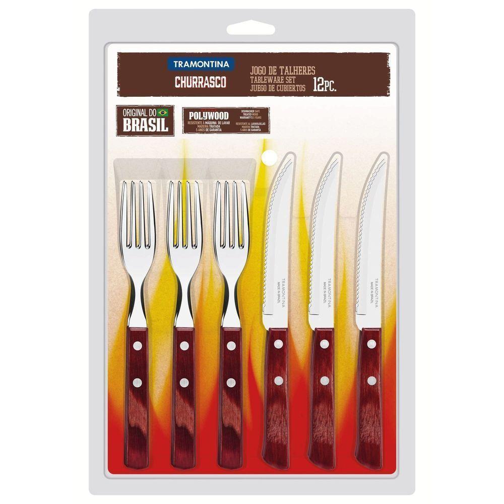 Jogo De Talheres Para Churrasco Em Aço Inox Com Cabo Vermelho Polywood 12 Peças - 2