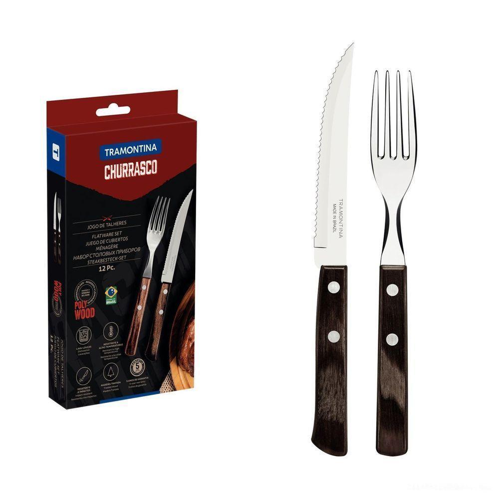 Jogo De Talheres Para Churrasco Em Aço Inox Com Cabo Castanho Polywood 12 Peças - 1
