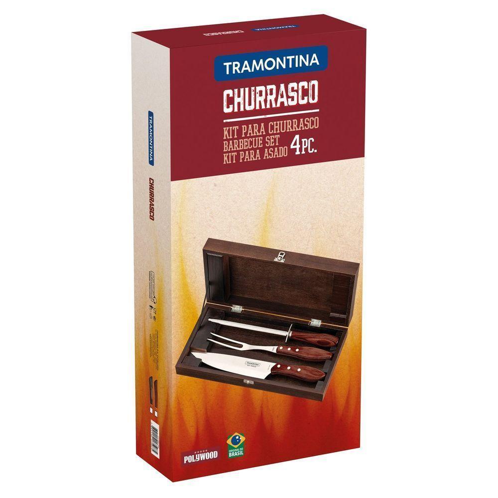 Kit Para Churrasco Em Aço Inox Cabo Vermelho Polywood Com Estojo De Madeira 4 Peças - 2