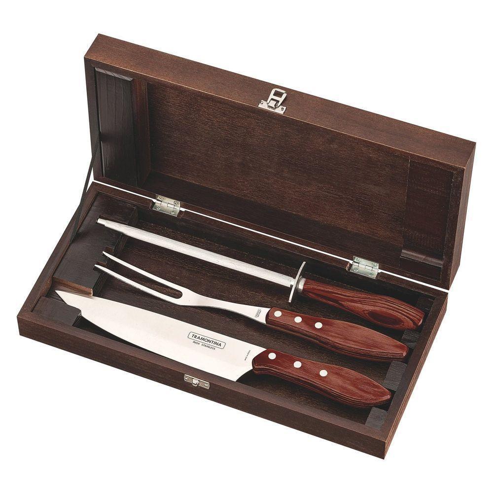 Kit Para Churrasco Em Aço Inox Cabo Vermelho Polywood Com Estojo De Madeira 4 Peças - 4