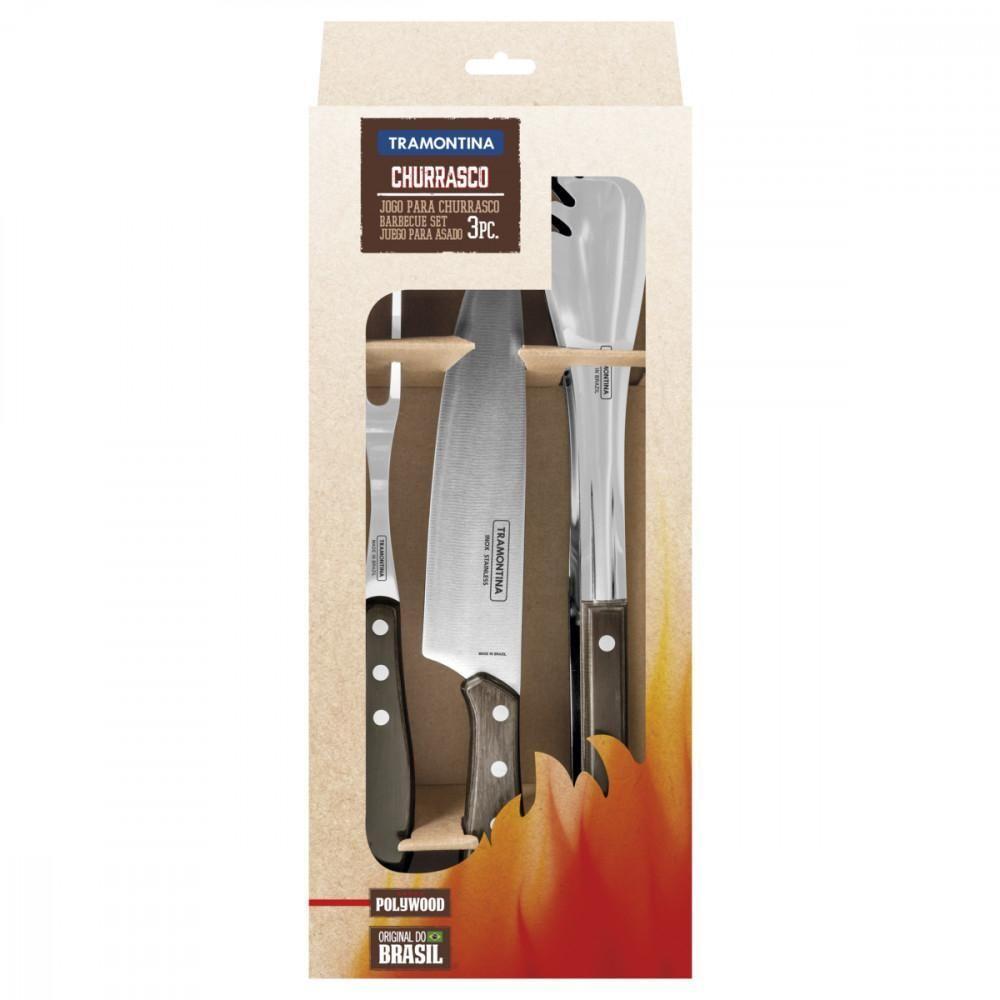 Jogo Para Churrasco Inox Com Cabo Castanho Polywood 3 Peças - 3