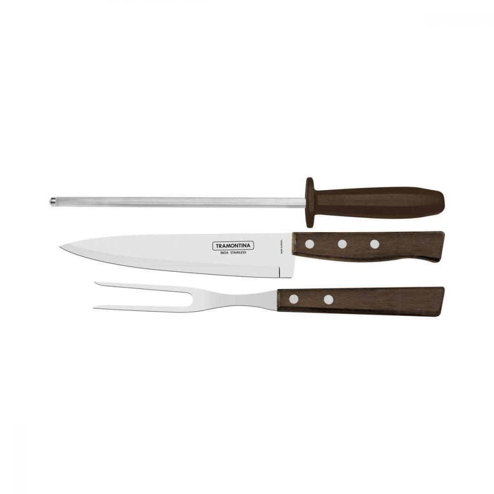 Jogo Para Churrasco Inox Cabo Marrom Madeira 3 Peças - 1