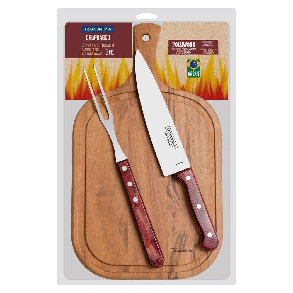 Kit Para Churrasco Em Aço Inox E Cabo Vermelho Polywood Com Tábua De Madeira 3 Peças - 1