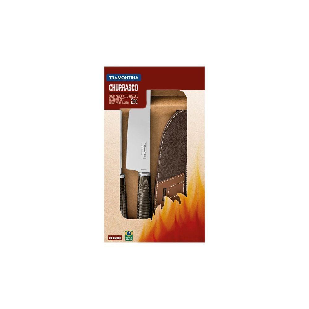 Jogo Para Churrasco Em Aço Inox Cabo Castanho Polywood Com Bainha De Couro 2 Peças - 3