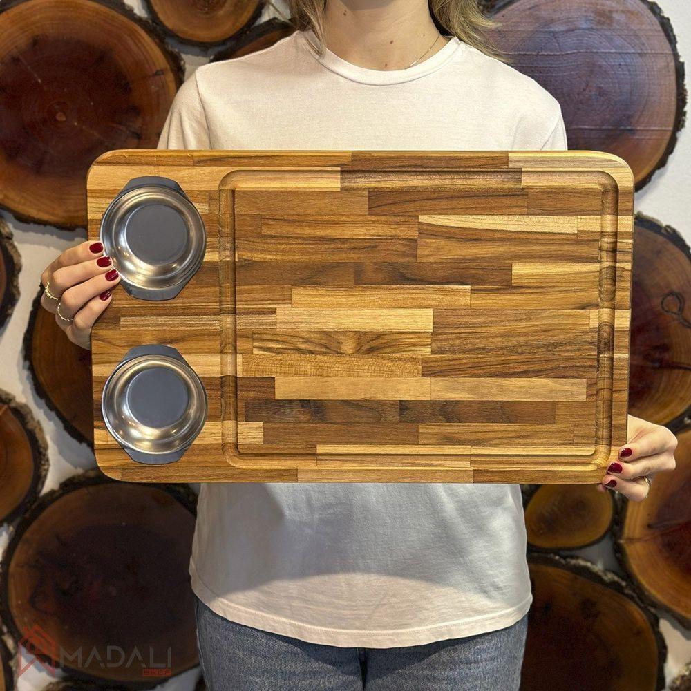 Tábua De Madeira Teca Para Churrasco Com 2 Potes Inox - Stolf - 2