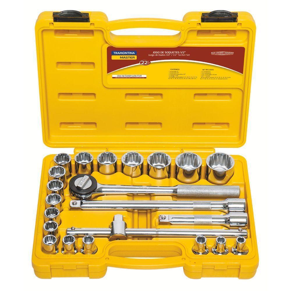 Jogo De Soquetes Estriados Encaixe 1/2 Tramontina Em Aço Cromo Vanádio E Maleta 22 Peças - 1