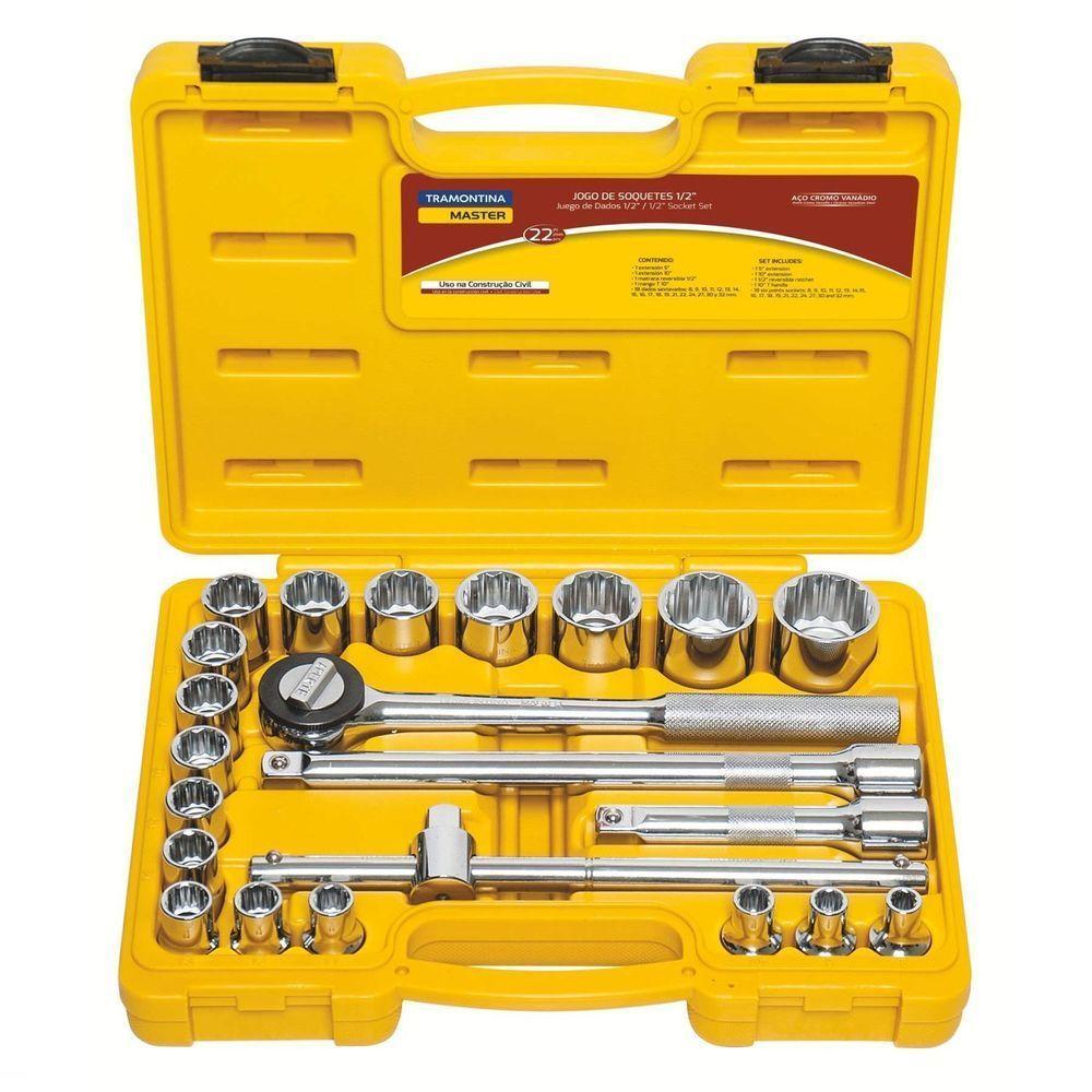 Jogo De Soquetes Estriados Encaixe 1/2" Em Aço Cromo Vanádio Com Acabamento Cromado E Mal - 1