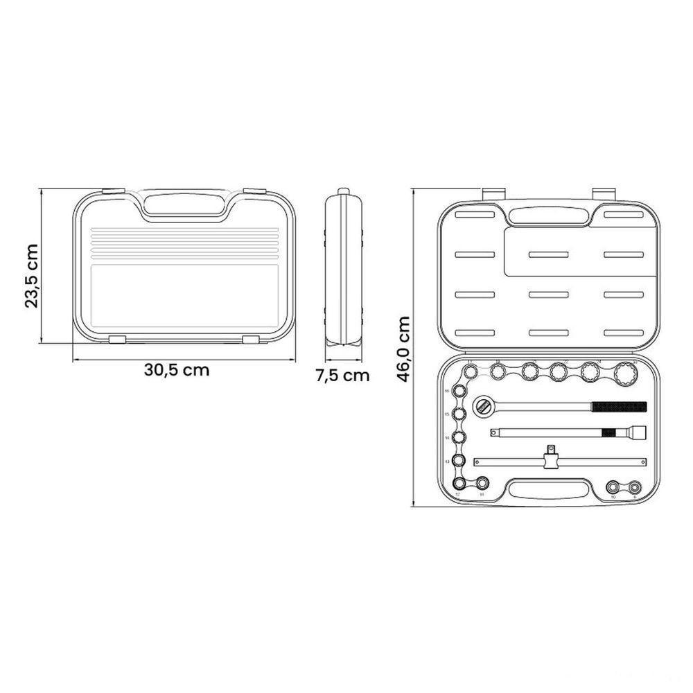 Jogo De Soquetes Estriados Encaixe 1/2" Em Aço Cromo Vanádio Com Acabamento Cromado Maleta 17 Peças - 2