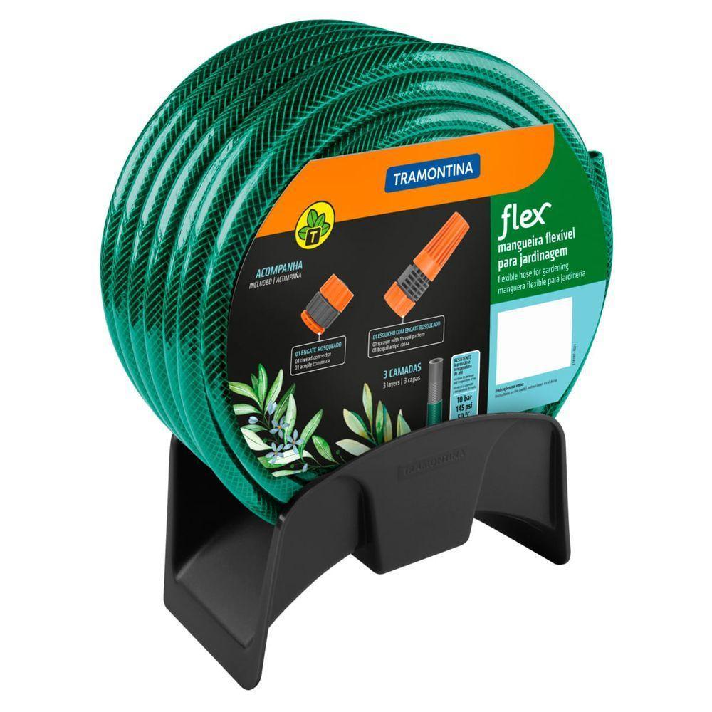 Mangueira Flex Tramontina Verde Em Pvc 3 Camadas 20 M Com Engate Rosqueado, Esguicho E Suporte Mural - 1