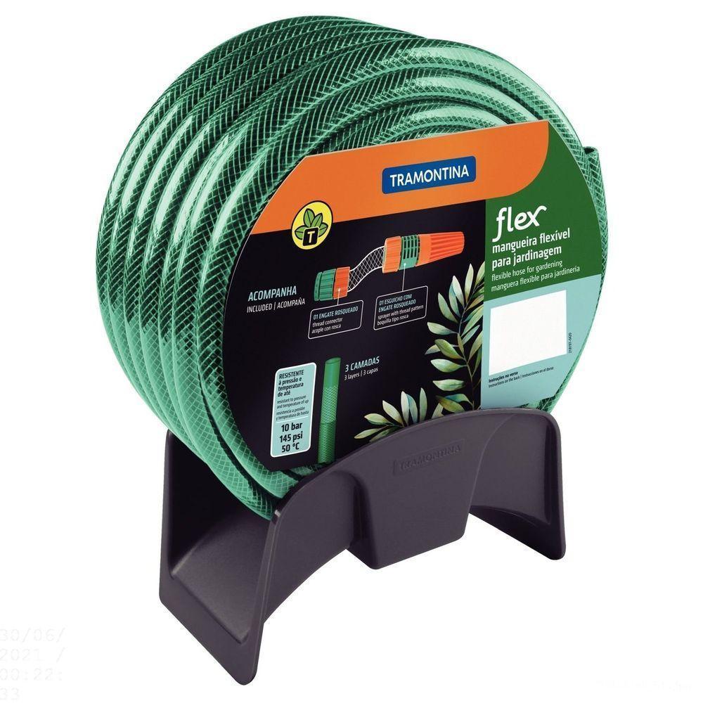 Mangueira Flex Verde Em Pvc 3 Camadas 20 M Com Engate Rosqueado, Esguicho E Suporte Mural - 1