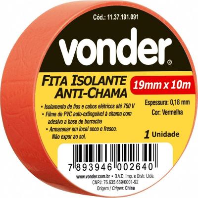 Fita Isolante Pvc 19Mmx10M Vermelha Anti Chama Peça Vonder