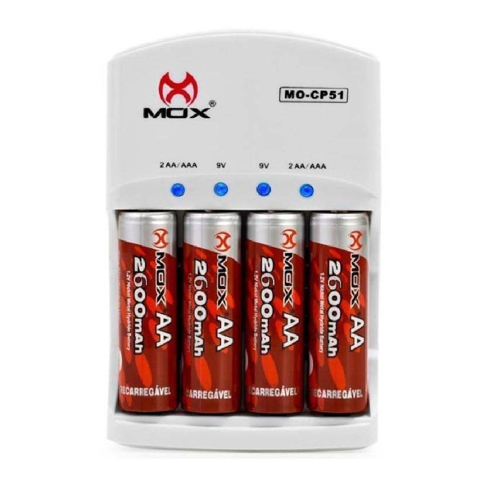 Carregador de Pilhas e Baterias com 4 Pilhas Aa 2600 Mah Mox Cp51 - 1