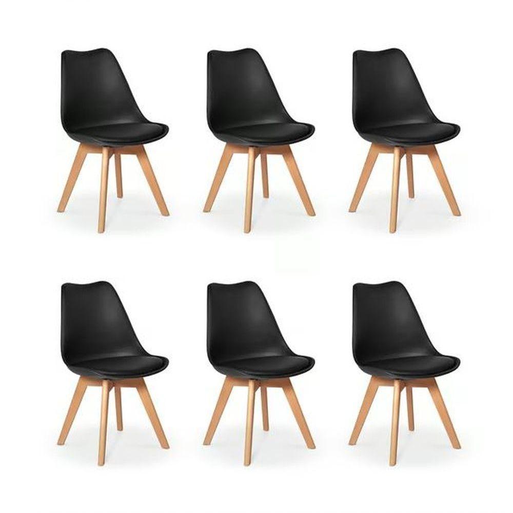 Kit C/ 6 Cadeiras Leda ? Charles Eames, Saarinen Wood Com Almofada Preta - 1