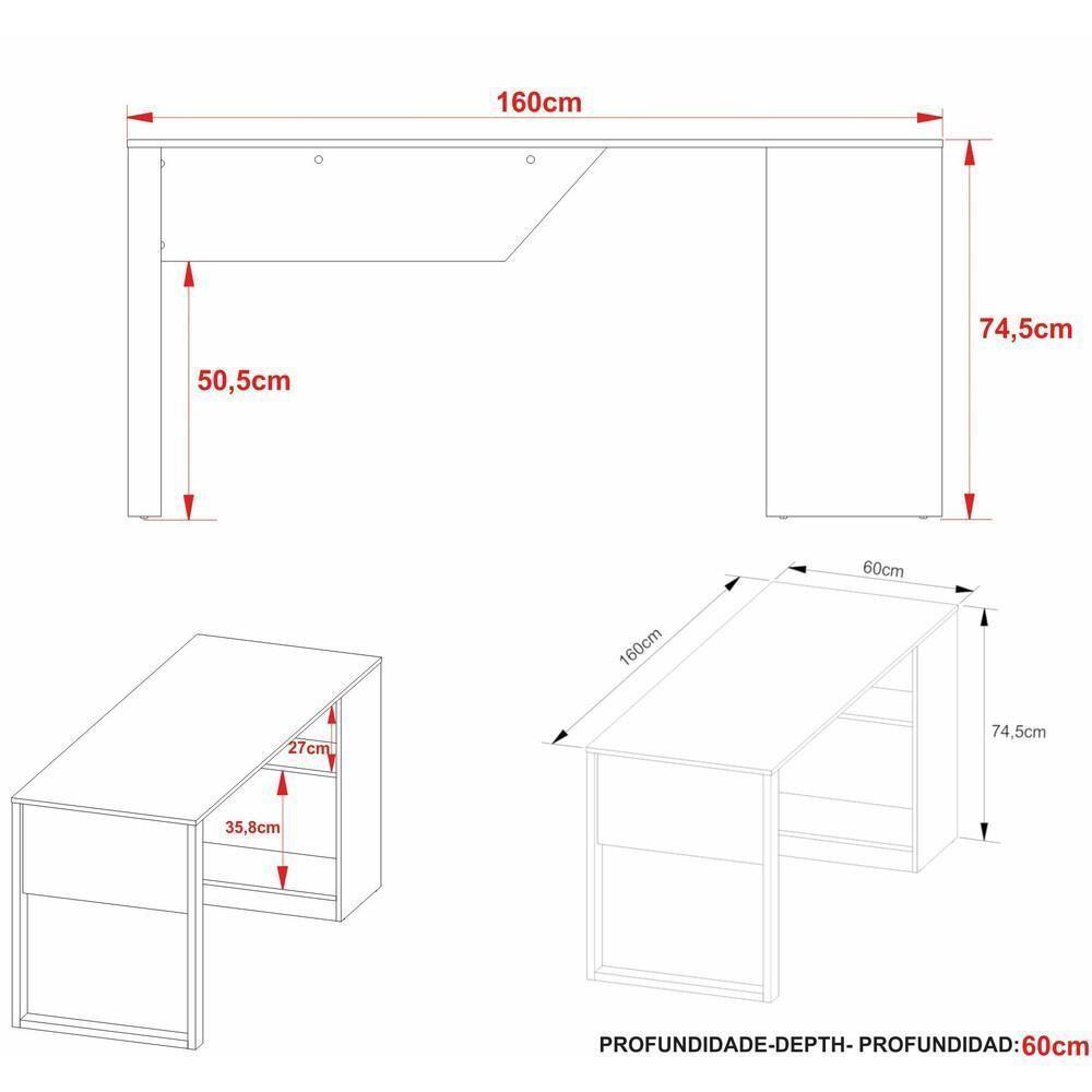 Mesa Para Escritório Com Armário 160cm Multimóveis Cr25264 Amêndoa-preto Amêndoa-preto - 3