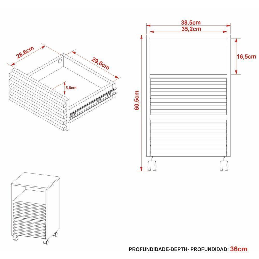 Gaveteiro Escritório Com 2 Gavetas 1 Nicho E Rodízios Multimóveis Cr25254 Amêndoa Amêndoa - 5