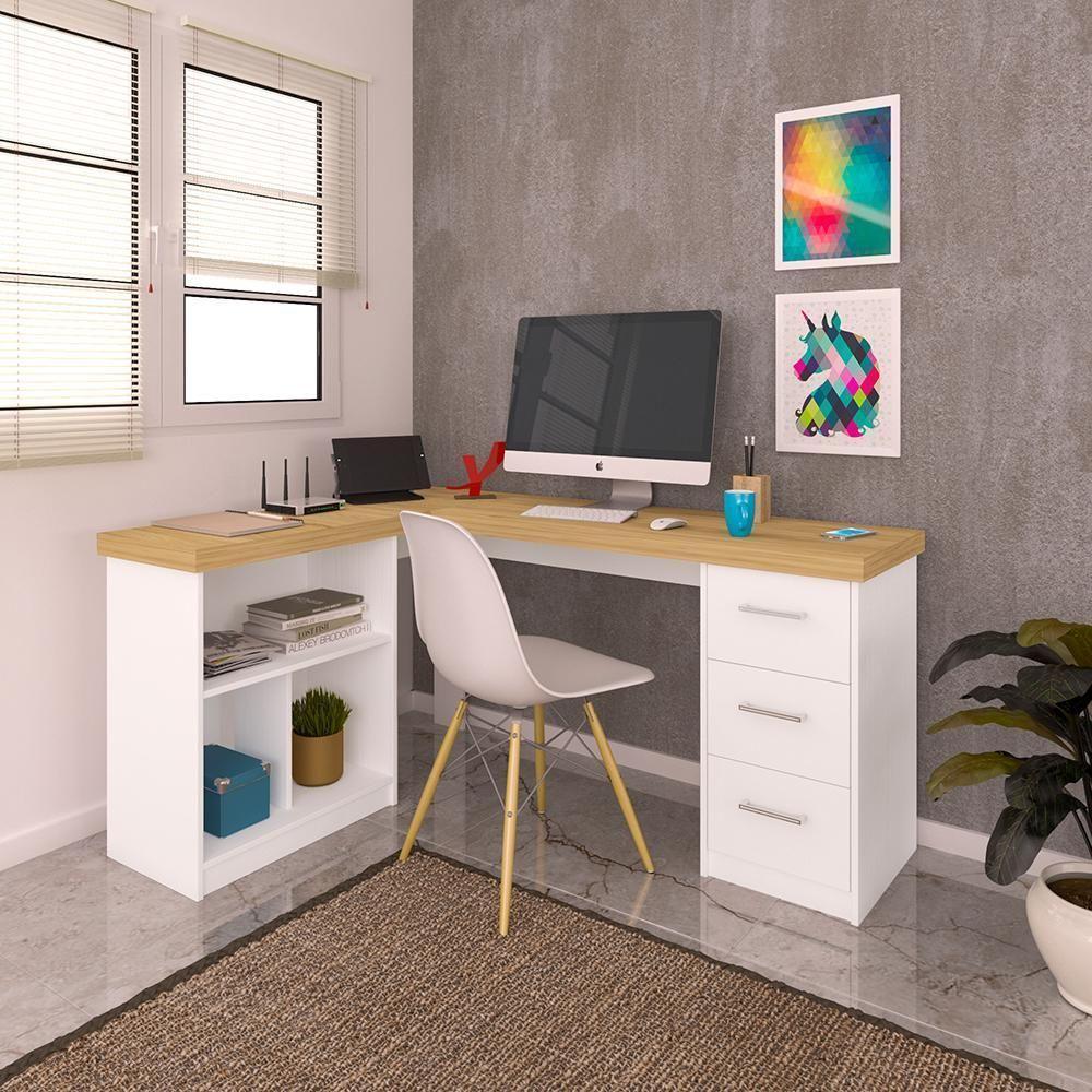 Mesa De Computador Em L 3 Gavetas Alaska Olmo Branco - 1