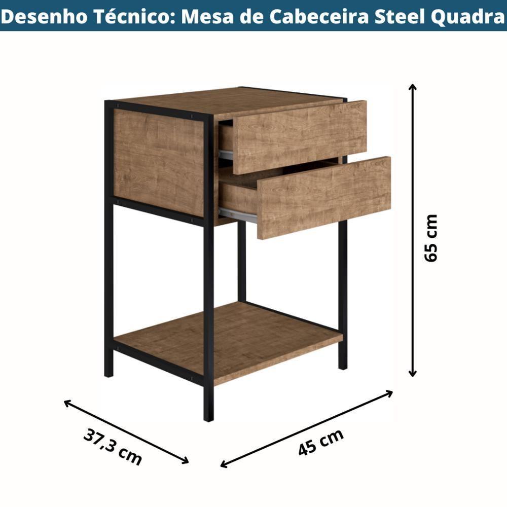 Mesa De Cabeceira Industrial Steel Quadra Artesano 45 Cm (largura) Mdp Vermont Aço Preto 2 Gavetas - 3