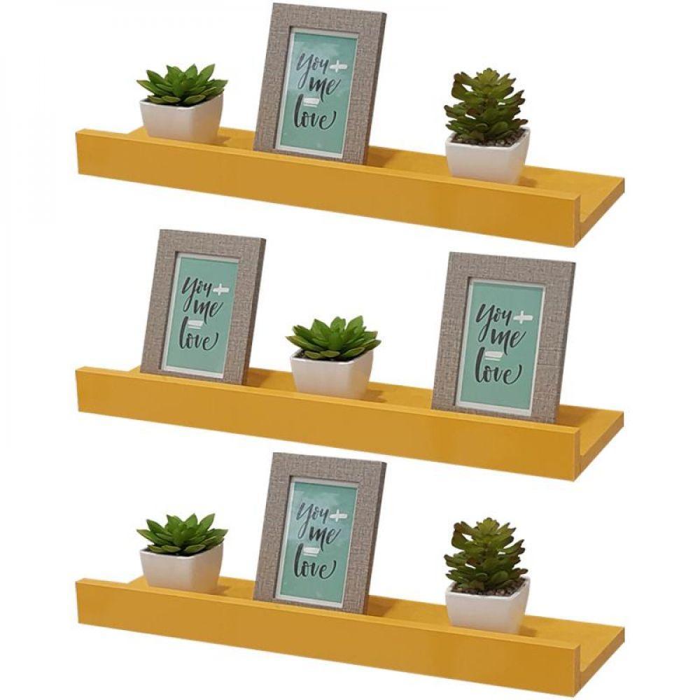 Kit 3 Prateleiras Porta Quadros 90 X 15cm Amarela Suporte Invisível - 3