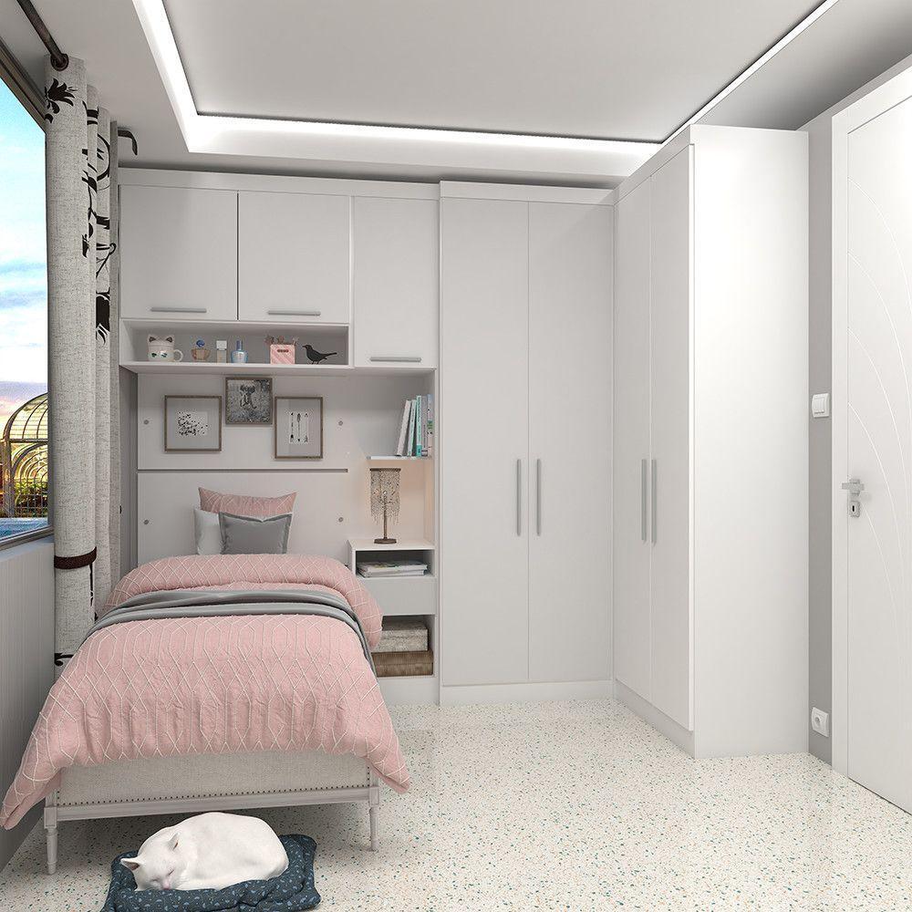 Quarto De Canto Solteiro Com Guarda Roupas Cabeceira E Mesa De Cabeceira Alpes Luciane Móveis Branco Pf Com Branco Pf - 1