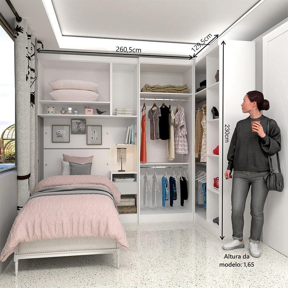 Quarto De Canto Solteiro Com Guarda Roupas Cabeceira E Mesa De Cabeceira Alpes Luciane Móveis Branco Pf Com Branco Pf - 5