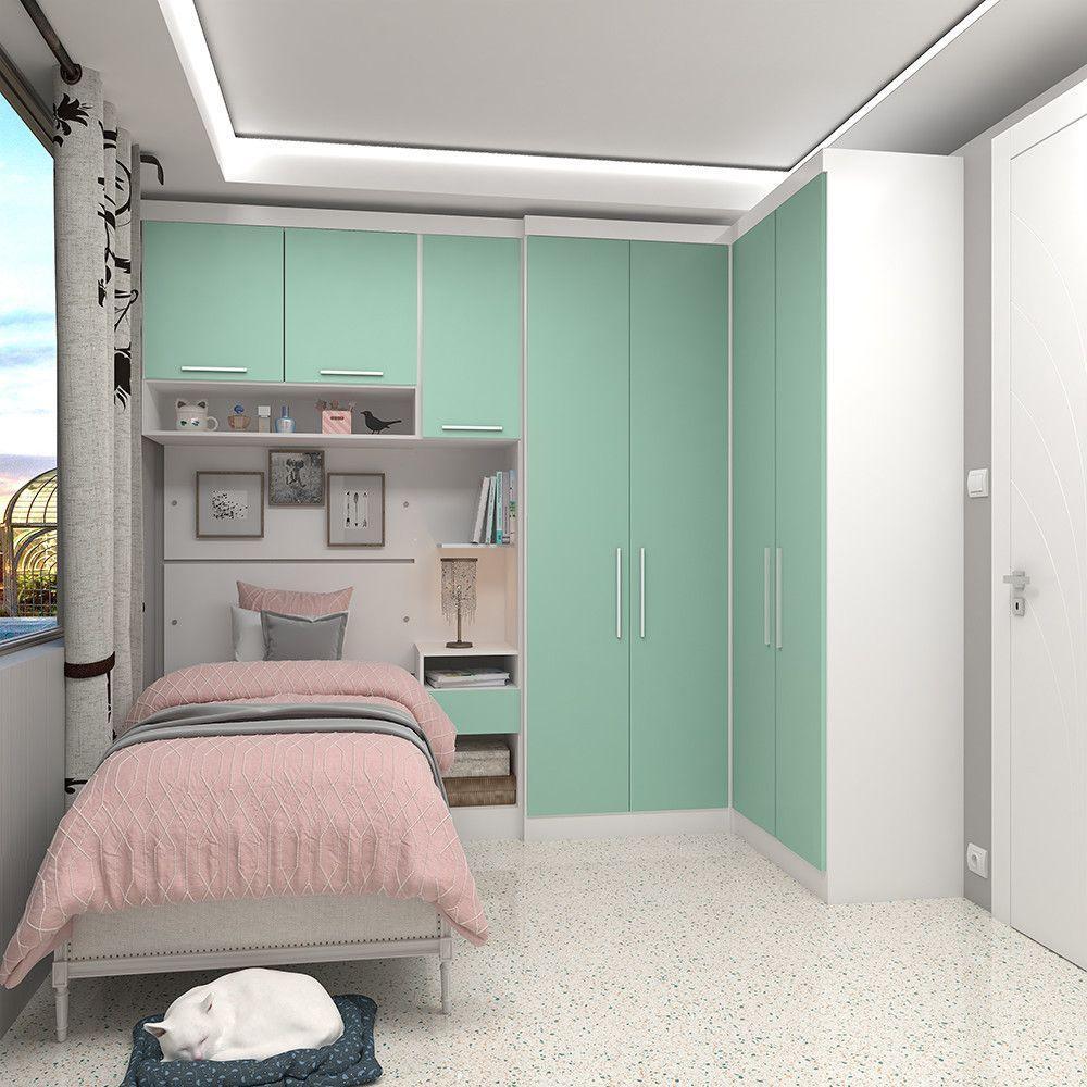 Quarto De Canto Solteiro Com Guarda Roupas Cabeceira E Mesa De Cabeceira Alpes Luciane Móveis Branco Pf Com Verde Pf - 1