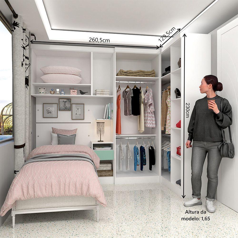 Quarto De Canto Solteiro Com Guarda Roupas Cabeceira E Mesa De Cabeceira Alpes Luciane Móveis Branco Pf Com Verde Pf - 5