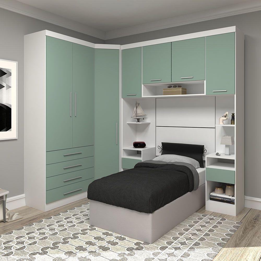 Quarto De Canto Solteiro Com Guarda Roupas E Mesas De Cabeceira Alpes Luciane Móveis Branco Pf Com Verde Pf - 1