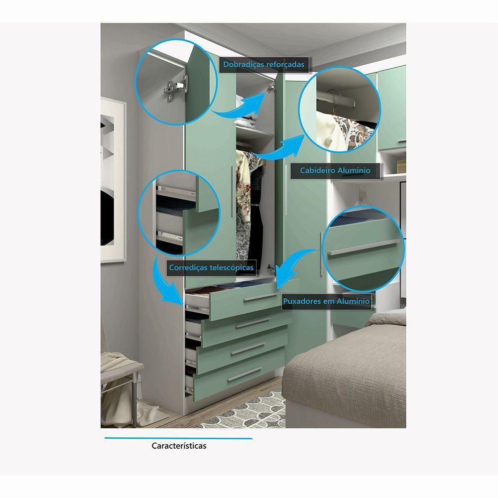 Quarto De Canto Solteiro Com Guarda Roupas E Mesas De Cabeceira Alpes Luciane Móveis Branco Pf Com Verde Pf - 3