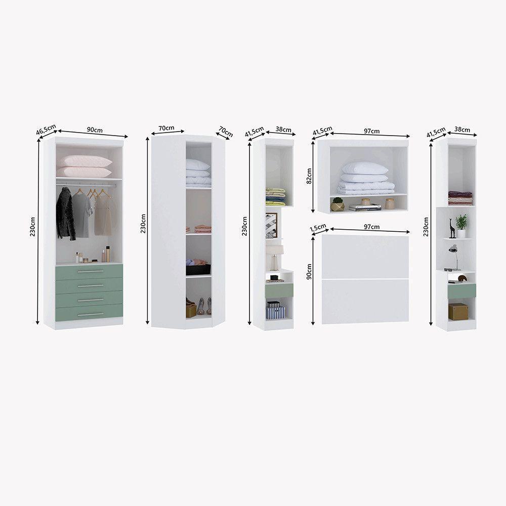 Quarto De Canto Solteiro Com Guarda Roupas E Mesas De Cabeceira Alpes Luciane Móveis Branco Pf Com Verde Pf - 4