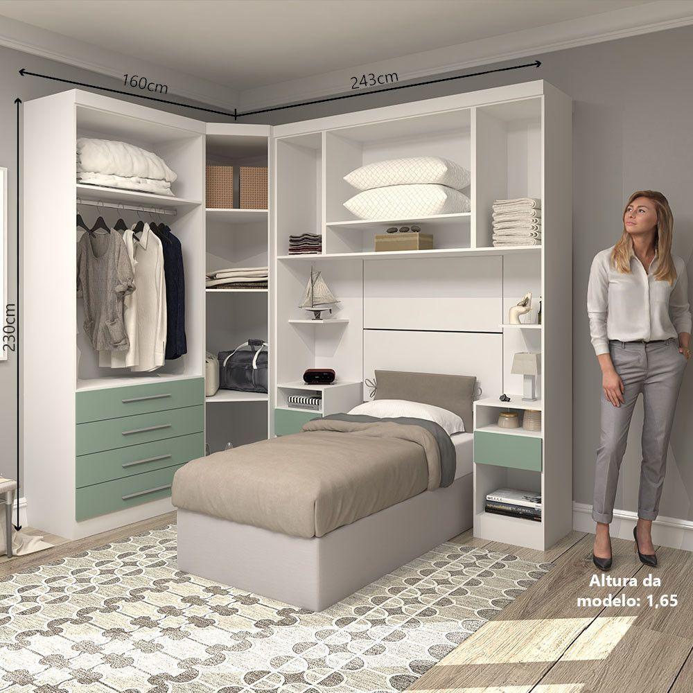 Quarto De Canto Solteiro Com Guarda Roupas E Mesas De Cabeceira Alpes Luciane Móveis Branco Pf Com Verde Pf - 5