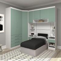 Quarto De Canto Solteiro Com Guarda Roupas E Mesas De Cabeceira Alpes Luciane Móveis Branco Pf Com Verde Pf - 1