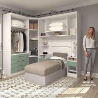 Quarto De Canto Solteiro Com Guarda Roupas E Mesas De Cabeceira Alpes Luciane Móveis Branco Pf Com Verde Pf - 5