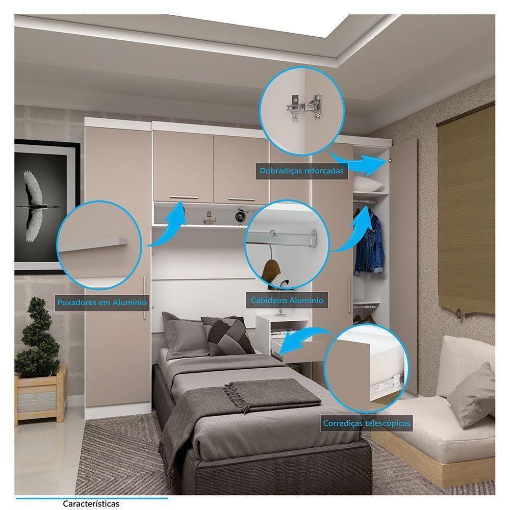 Quarto De Solteiro Com Guarda Roupas E Mesa De Cabeceira Alpes Luciane Móveis Branco Pf Com Cinammon Pf - 3