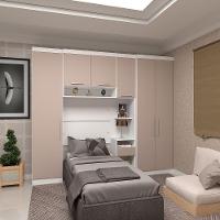 Quarto De Solteiro Com Guarda Roupas E Mesa De Cabeceira Alpes Luciane Móveis Branco Pf Com Cinammon Pf - 1