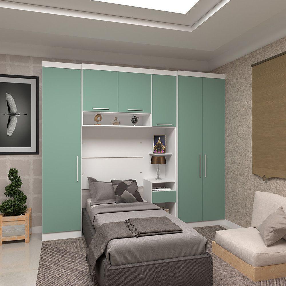 Quarto De Solteiro Com Guarda Roupas E Mesa De Cabeceira Alpes Luciane Móveis Branco Pf Com Verde Pf - 1
